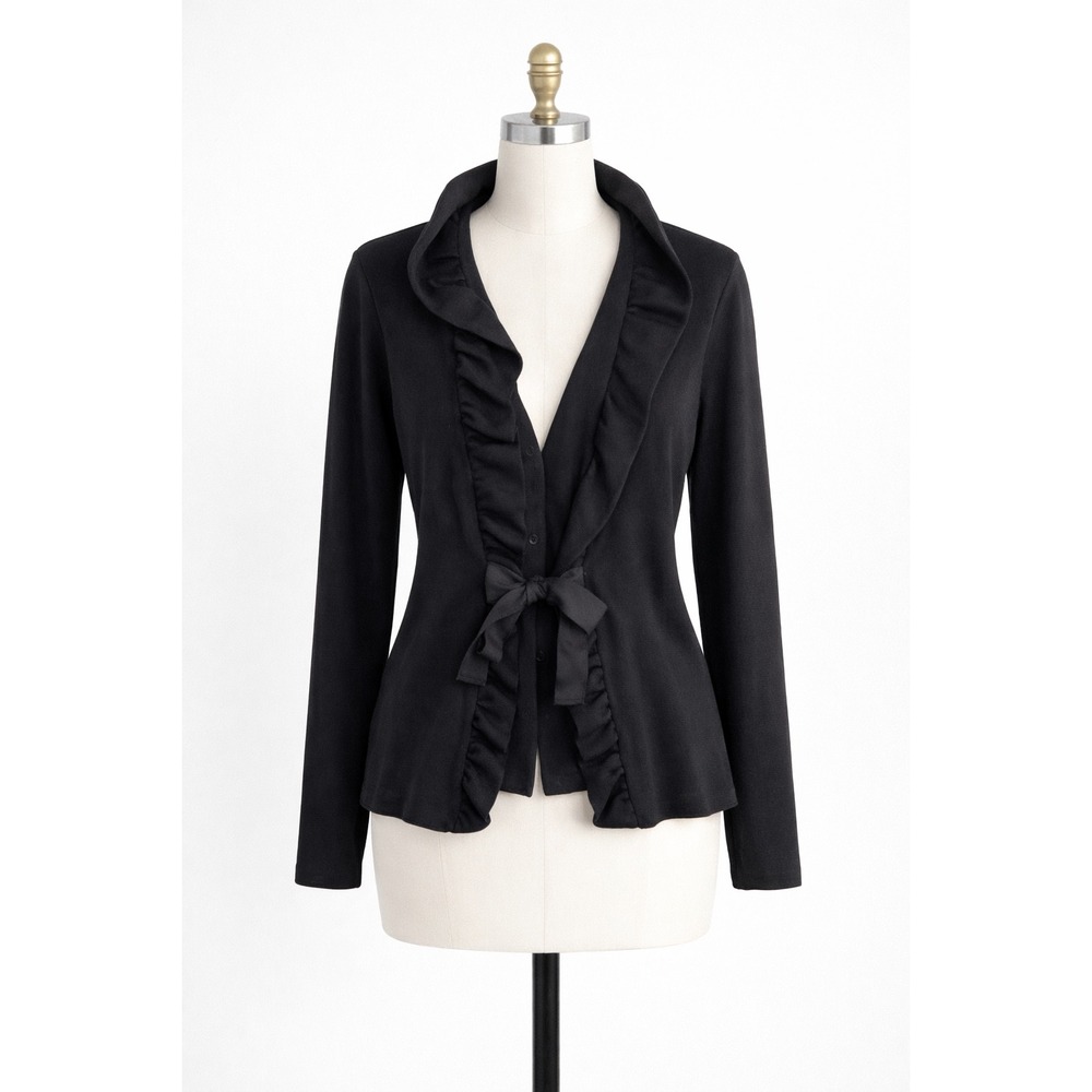 Per Se Black Ruffled Collar Bow Cardigan Sweater Jacket Knit Silk Blend US XL